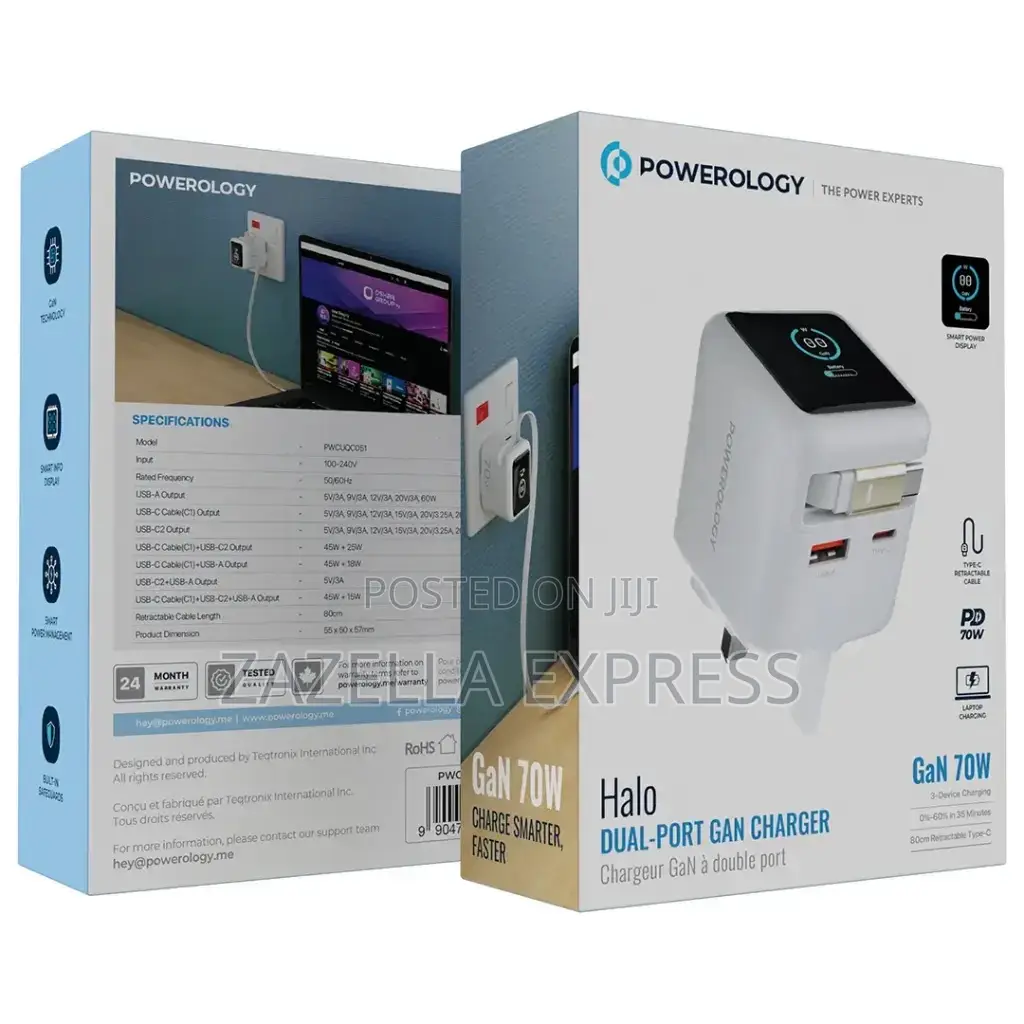 Powerology Halo Dual Port Gan Charger 70w With Retractable 80cm Cable