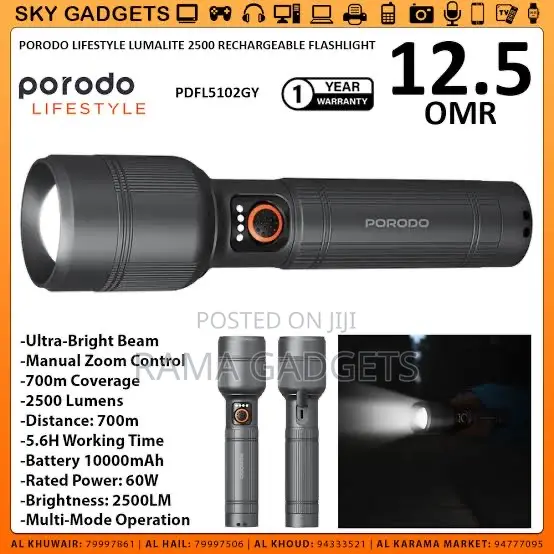 Porodo Lifestyle Lumalite 1200 Rechargeable Flashlight.