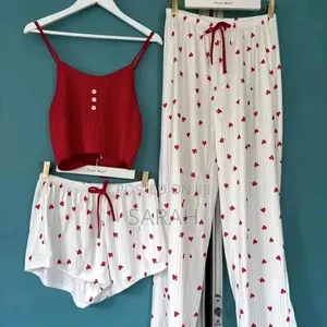 Red ,Black,Blue and White Heart-Patterned 3-Piece Ribbed