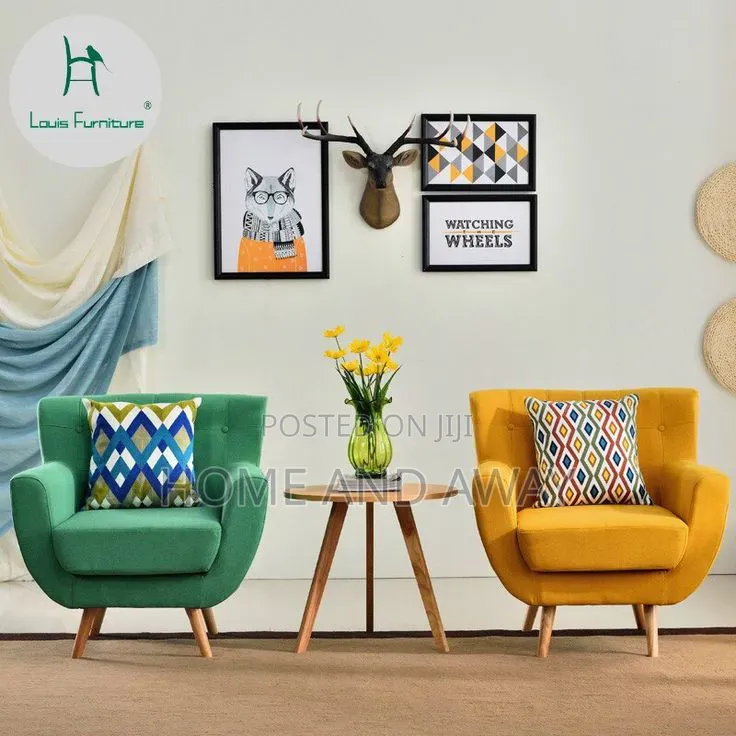 A Set of High Legged Winged Sofas + Center Stool Any Colour