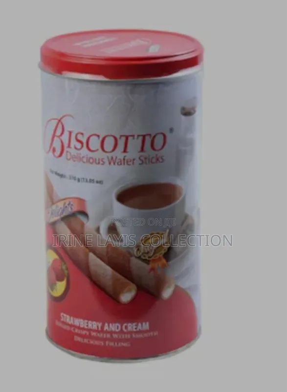 Tin of Biscotto Delicious Vanilla Wafer Sticks.
