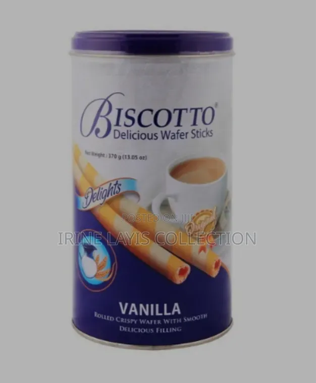 Tin of Biscotto Delicious Vanilla Wafer Sticks.