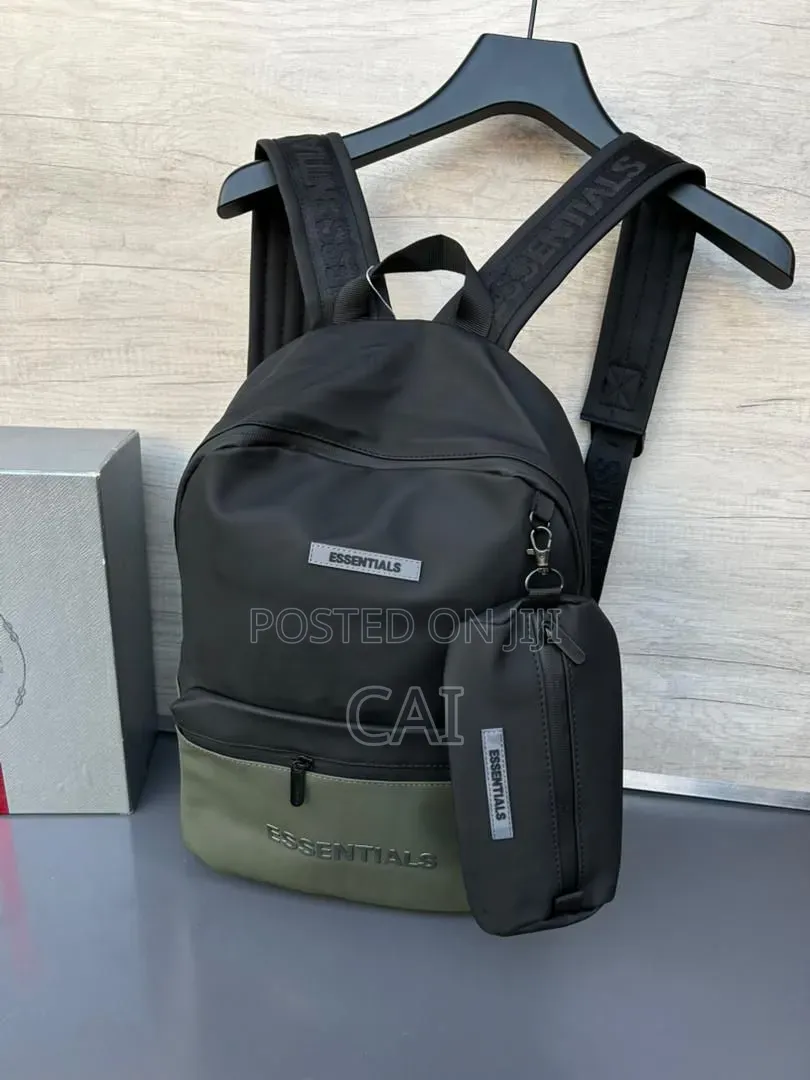 Unisex Fear of God Essentials Backpacks Black, Olive, and Red.