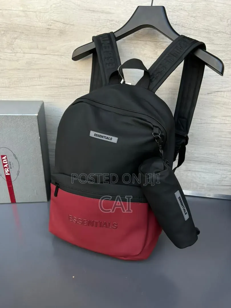 Unisex Fear of God Essentials Backpacks Black, Olive, and Red.