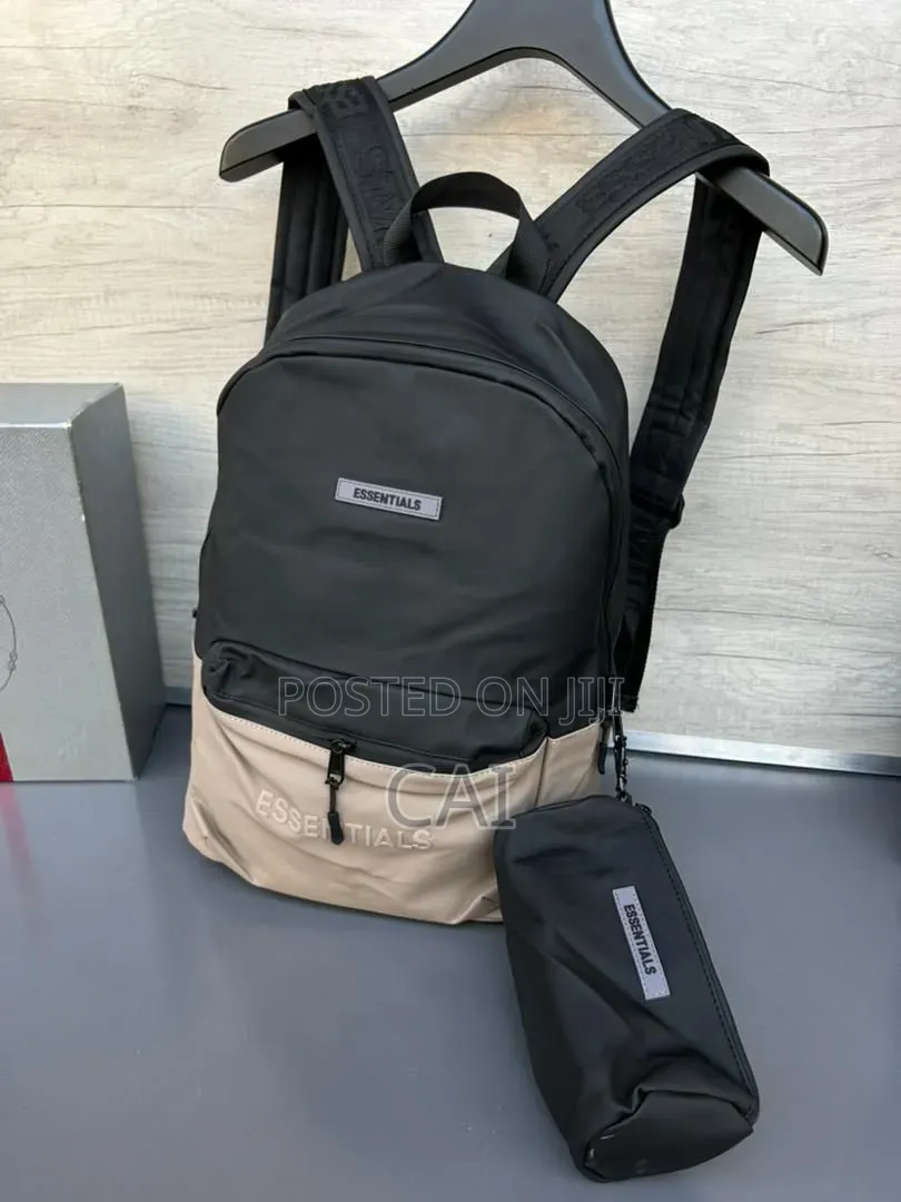 Unisex Fear of God Essentials Backpacks Black, Olive, and Red.