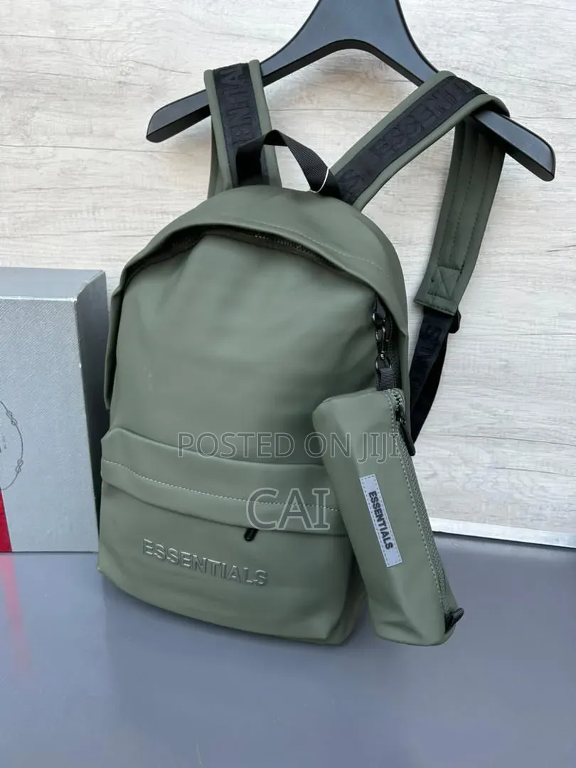 Unisex Fear of God Essentials Backpacks Black, Olive, and Red.