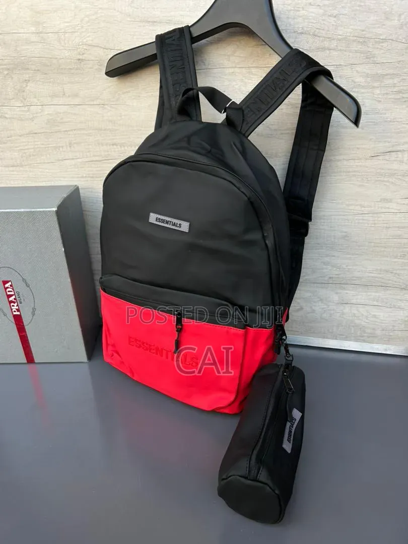 Unisex Fear of God Essentials Backpacks Black, Olive, and Red.