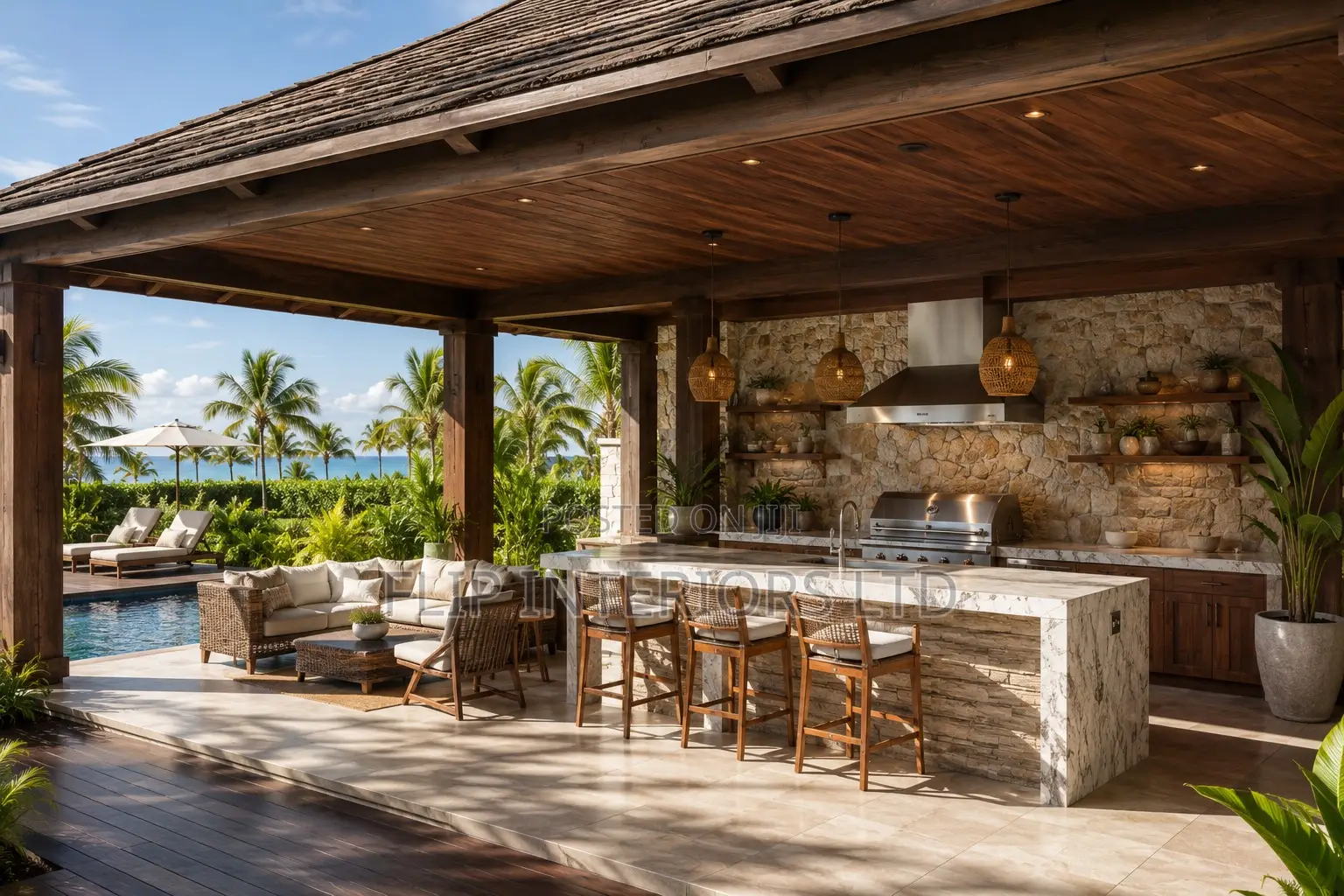 Luxury Tropical Outdoor Kitchen Poolside Lounge