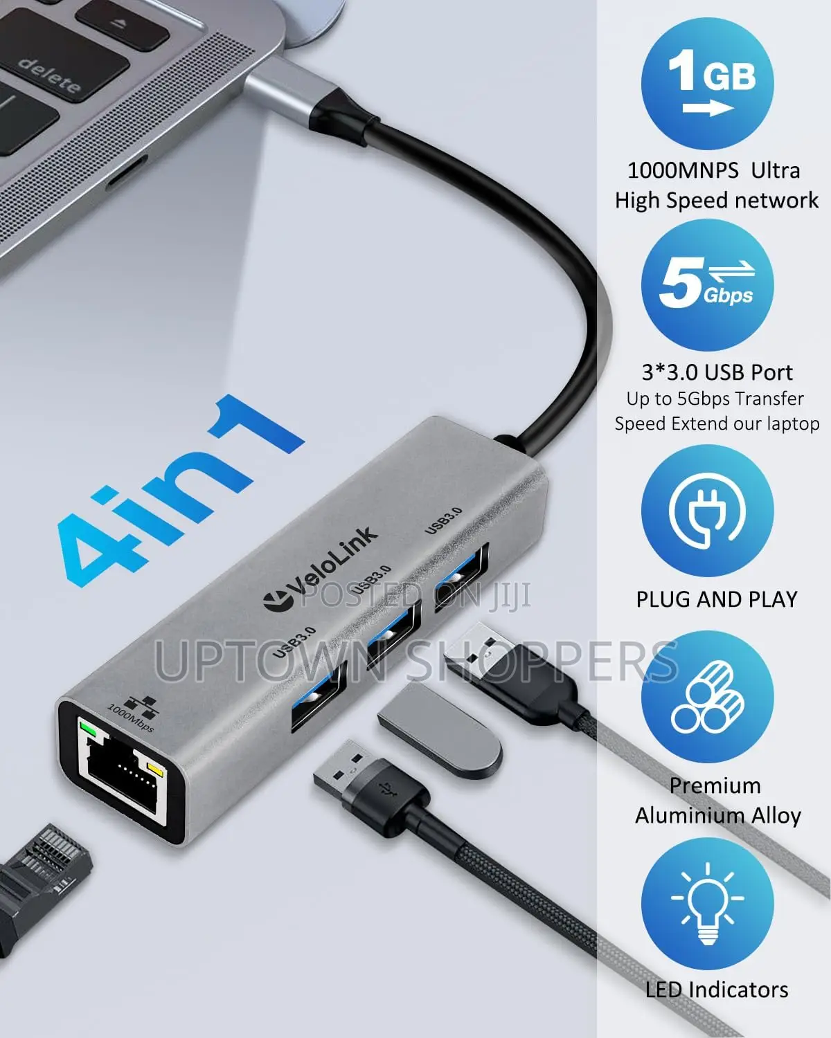 Usb Ethernet Adapter, Usb 3.0 Hub With Rj45 4-in-1 3.0 Hub