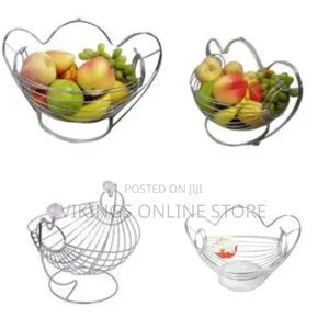 Metallic Fruit Storage Hanging Basket Holder Rack- Silver