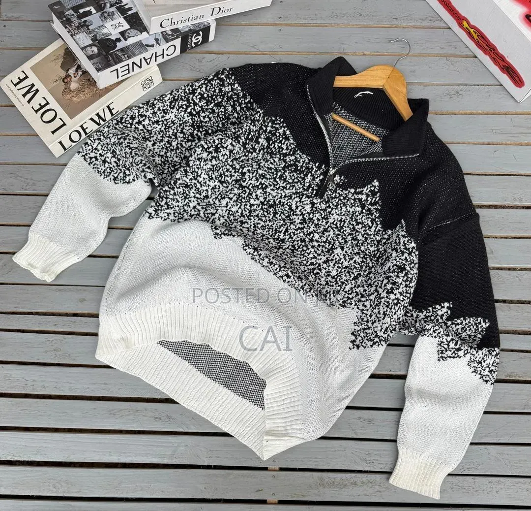 Black and White Color-Block Knitted Quarter-Zip Sweater