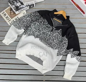 Black and White Color-Block Knitted Quarter-Zip Sweater