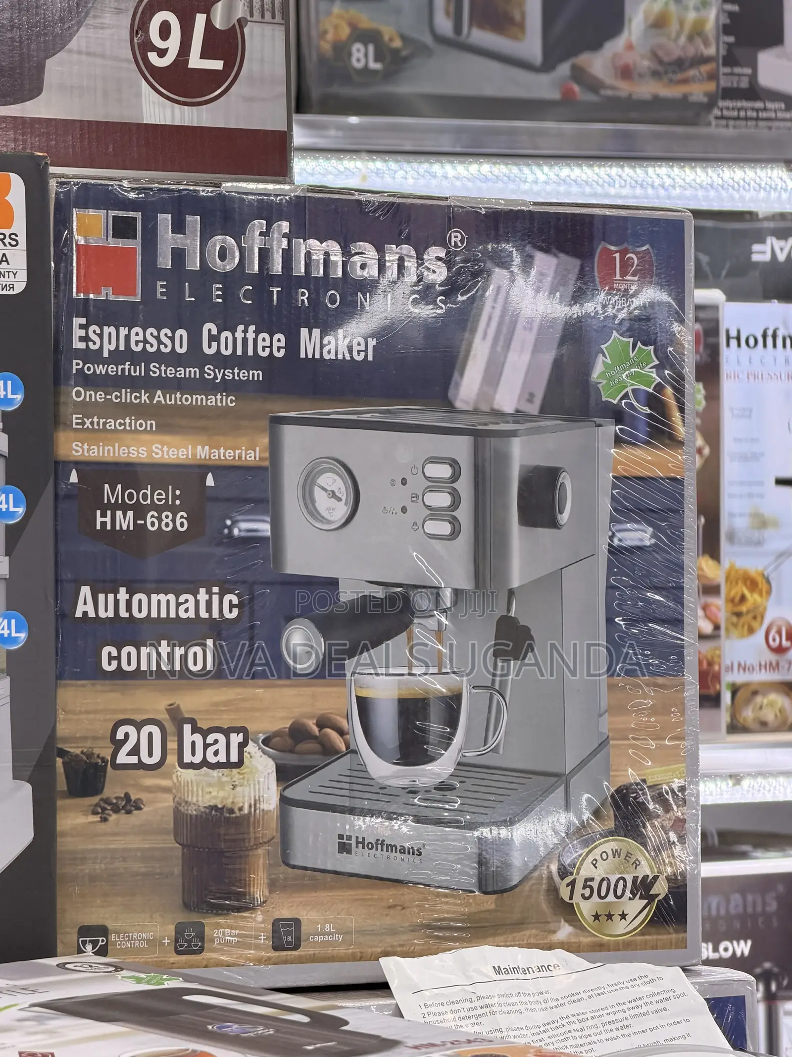 Hoffmans 20bar Espresso Coffee Maker Hm-686 1.8l 1500w Stainless Steel