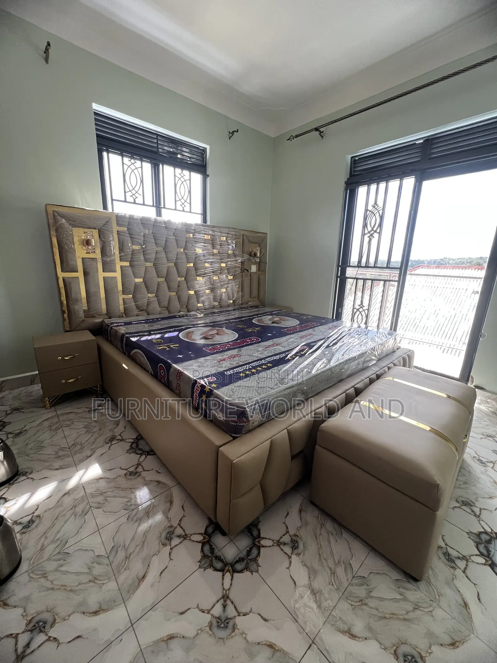 Cream Geometrical Fabric Luxurious Bed
