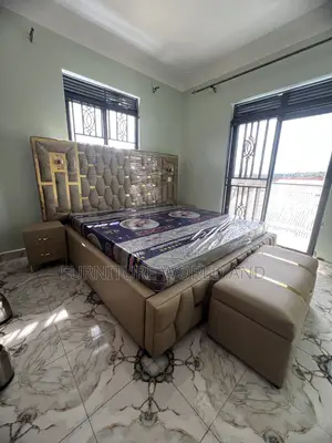 Cream Geometrical Fabric Luxurious Bed