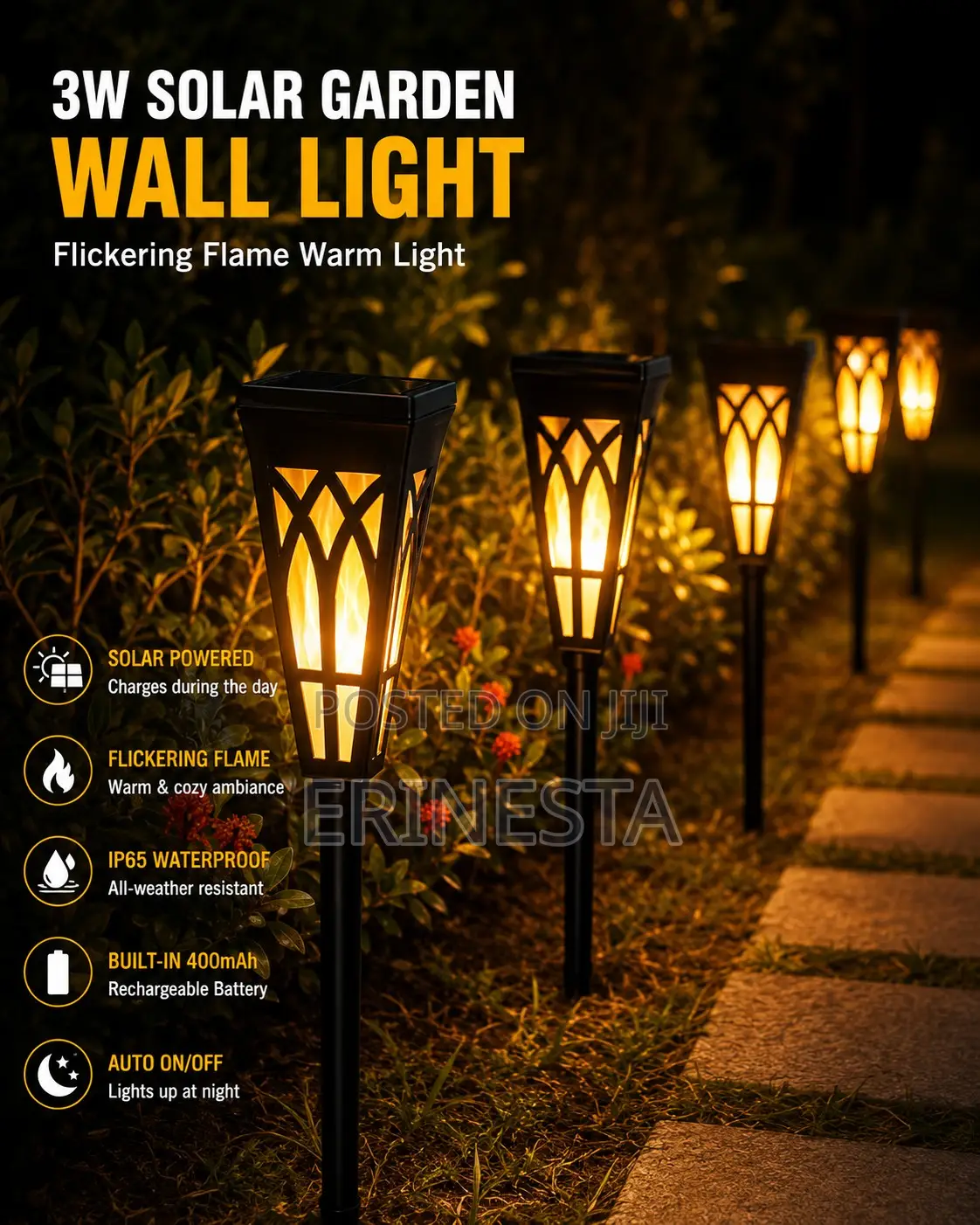 3w Solar Garden Light Flickering Flame Outdoor Fence Warm Lantern