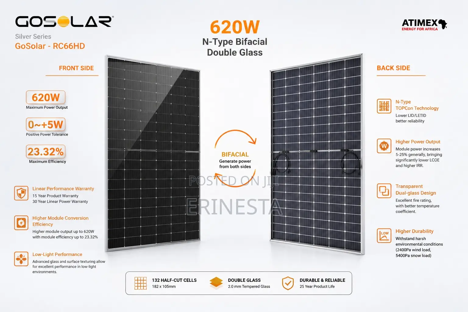 620w Bifacial Double Glass Solar Panel – N-Type 132 Cell Module