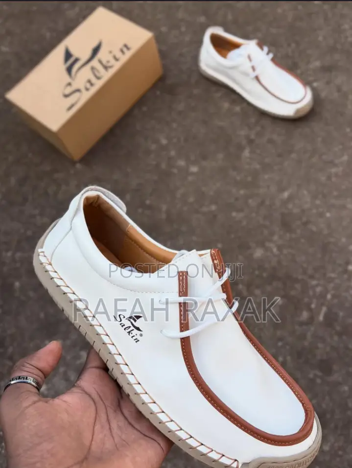 White Salkin Handmade Loafers With Brown Piping