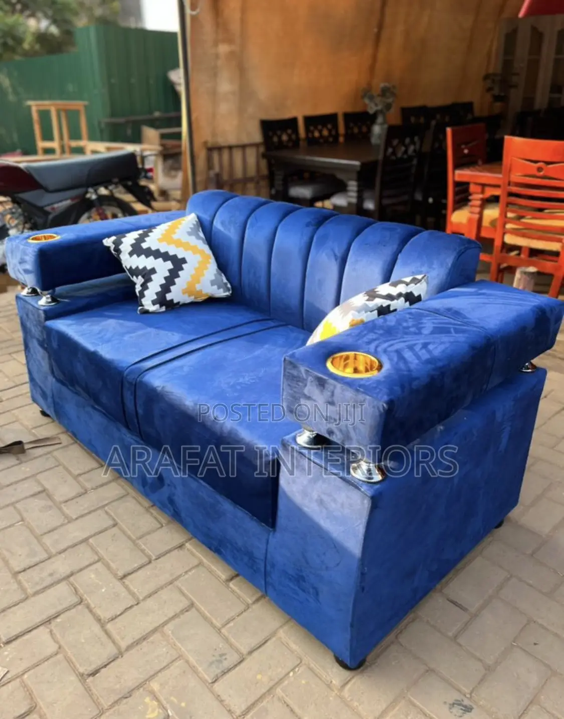 Premium Blue 2-Seater Sofa With Cup Holders 