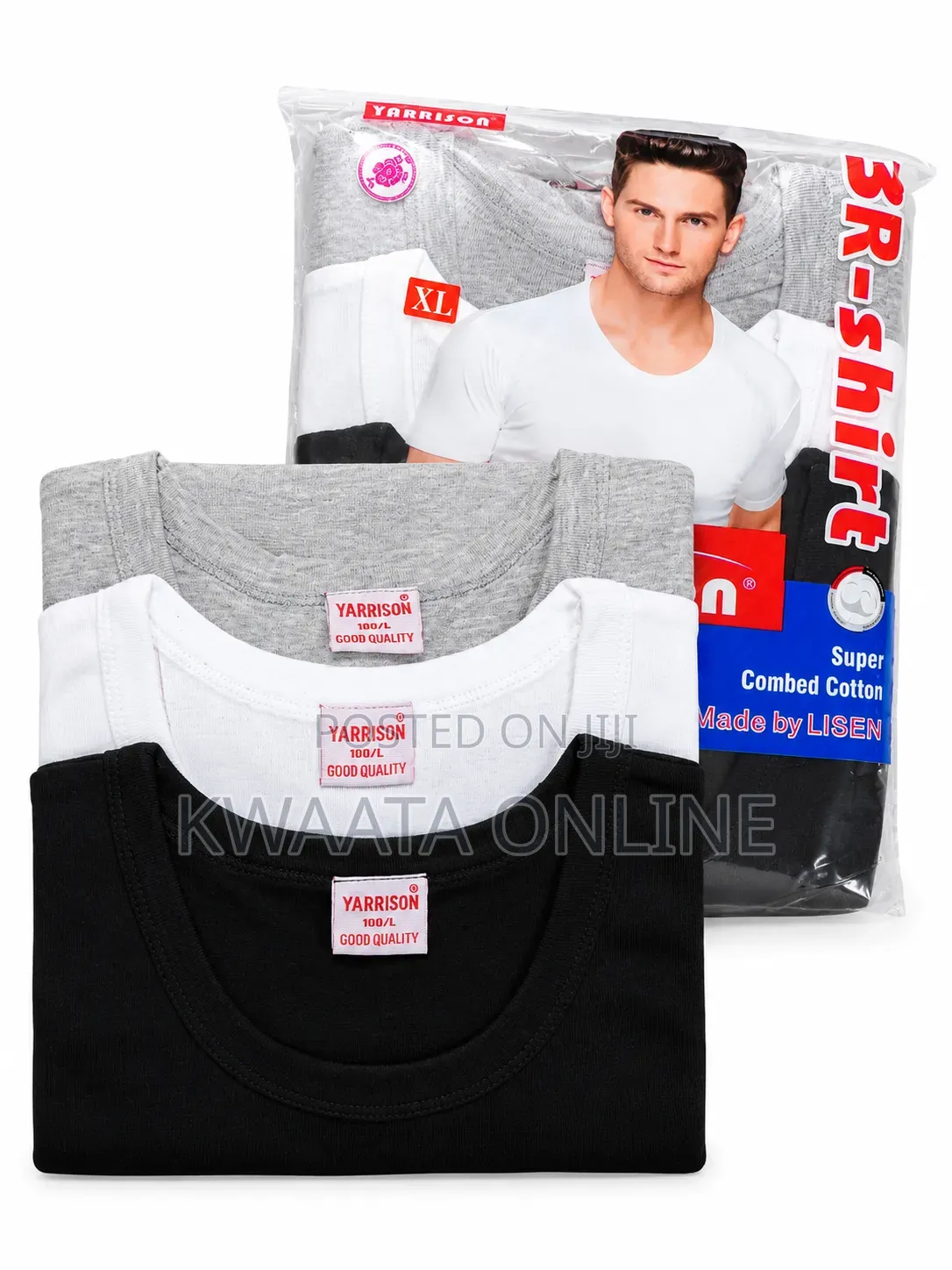 Yarrison Undershirts Round Neck Crew White, Black, Grey 3 Piece Pack