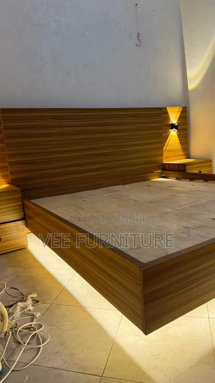 Modern Wooden Platform Bed Set With Wardrobe Lights