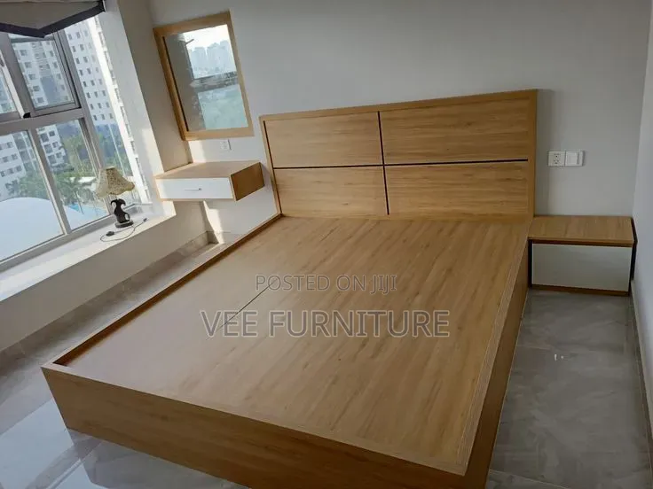 Modern Wooden Platform Bed Set With Wardrobe Lights