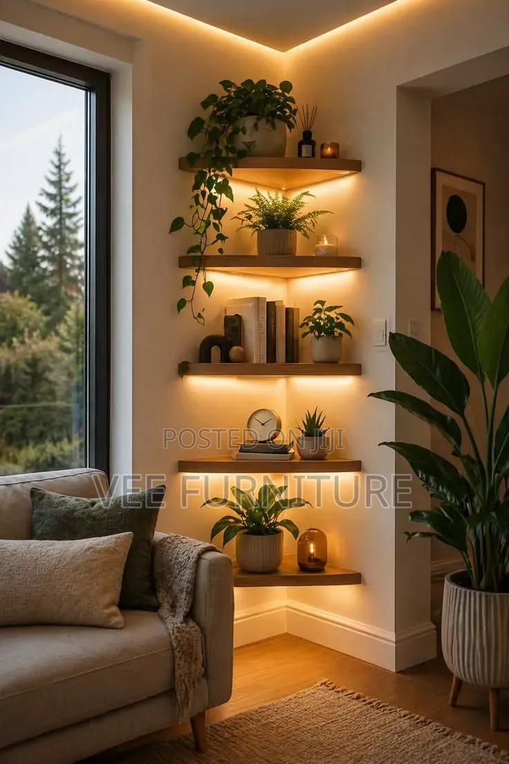 Modern Corner Floating Shelves With Led Lights