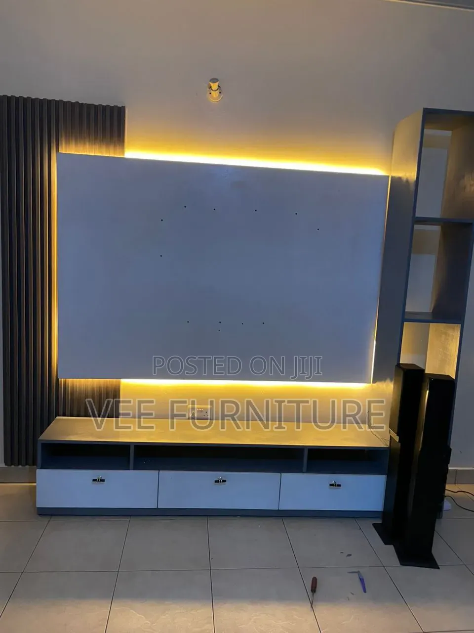 Luxury Floating Tv Wall Unit – Marble + Wood Slats + Led Lights