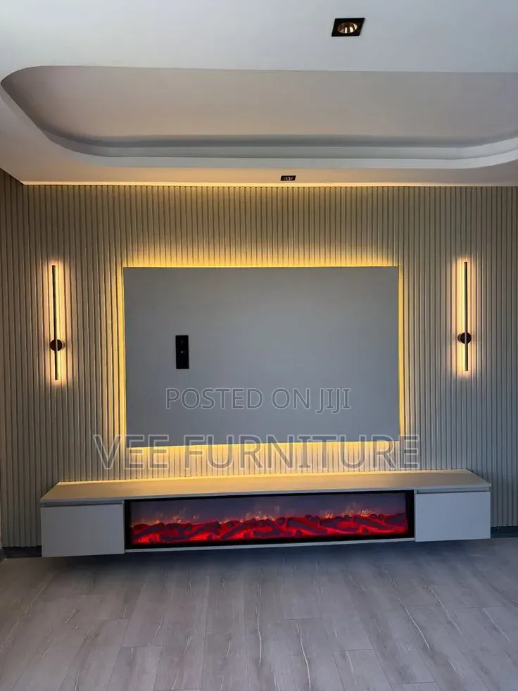 Luxury Floating Tv Wall Unit – Marble + Wood Slats + Led Lights