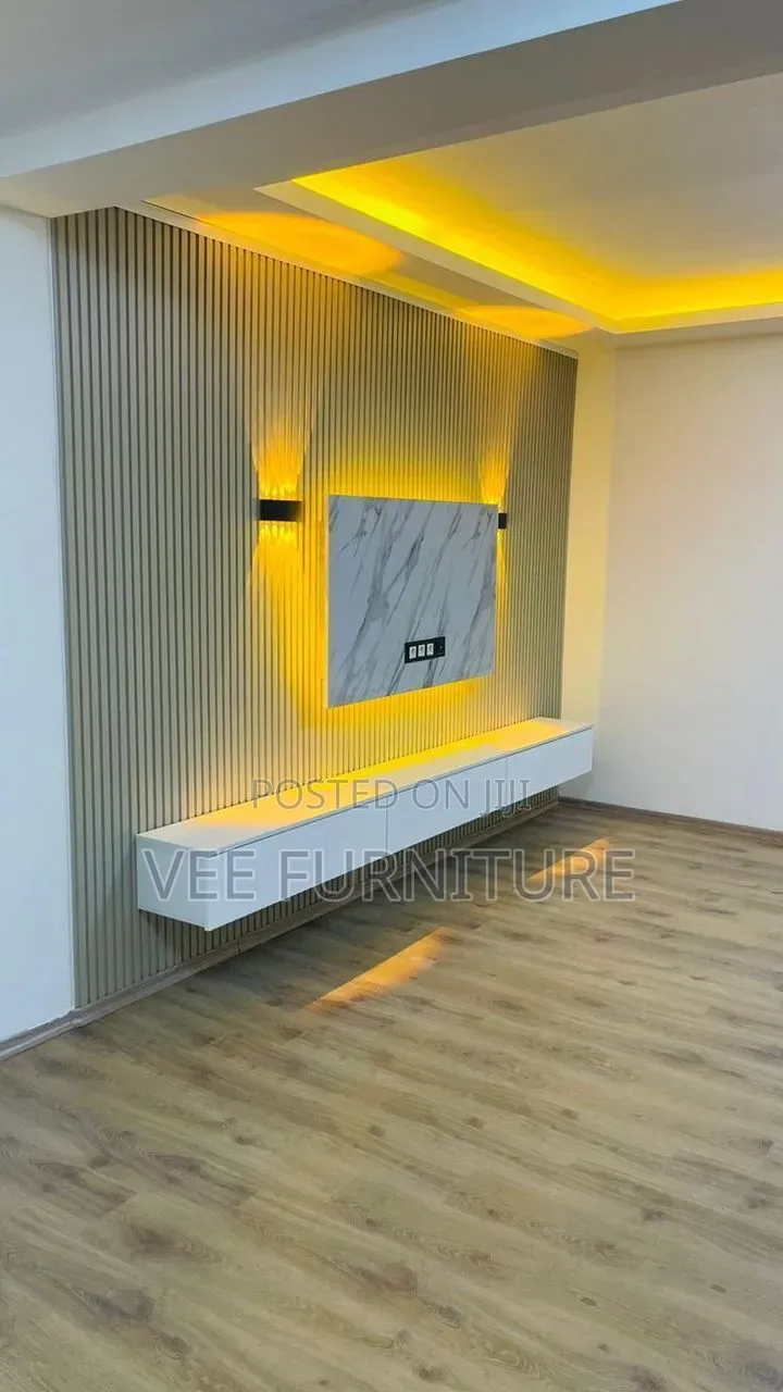 Luxury Floating Tv Wall Unit – Marble + Wood Slats + Led Lights