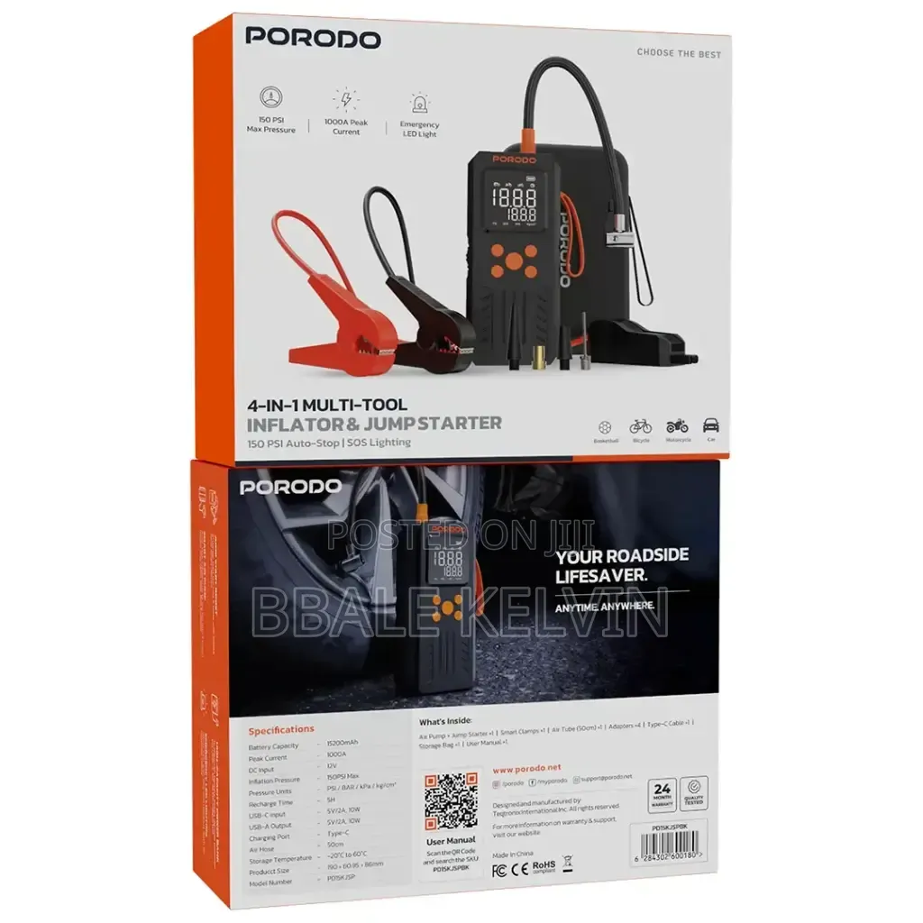 Porodo 4in1 Multi Tool Inflator Jump Starter With 150psi, 15200mah