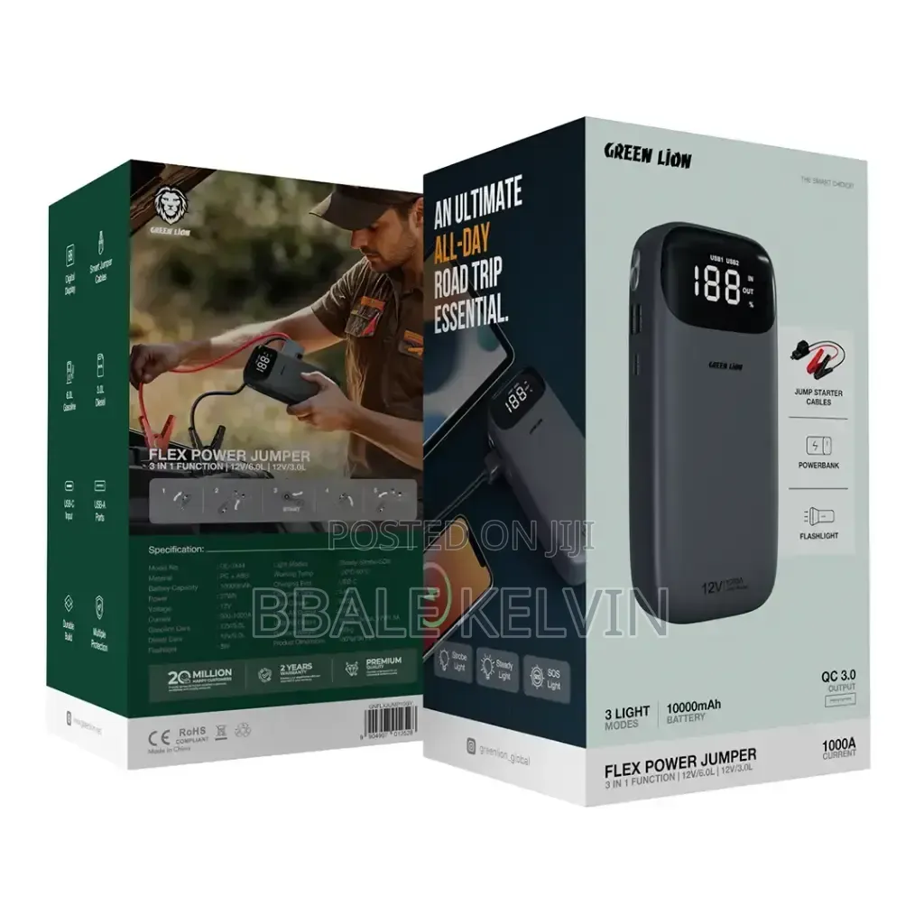 Green Lion Flex Power Jumper and Power Bank 10000mah, 3in1 Function