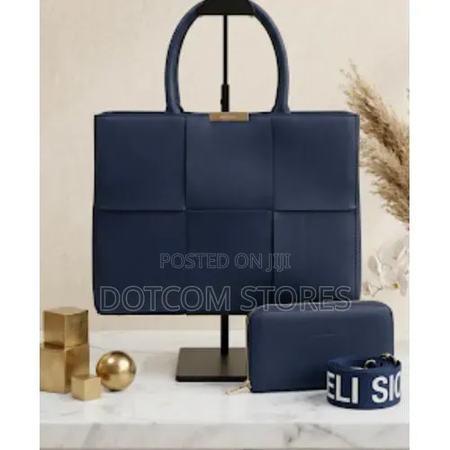 Chrisbella 2 in 1 Navy Blue Set: Woven Tote Bag and Wallet