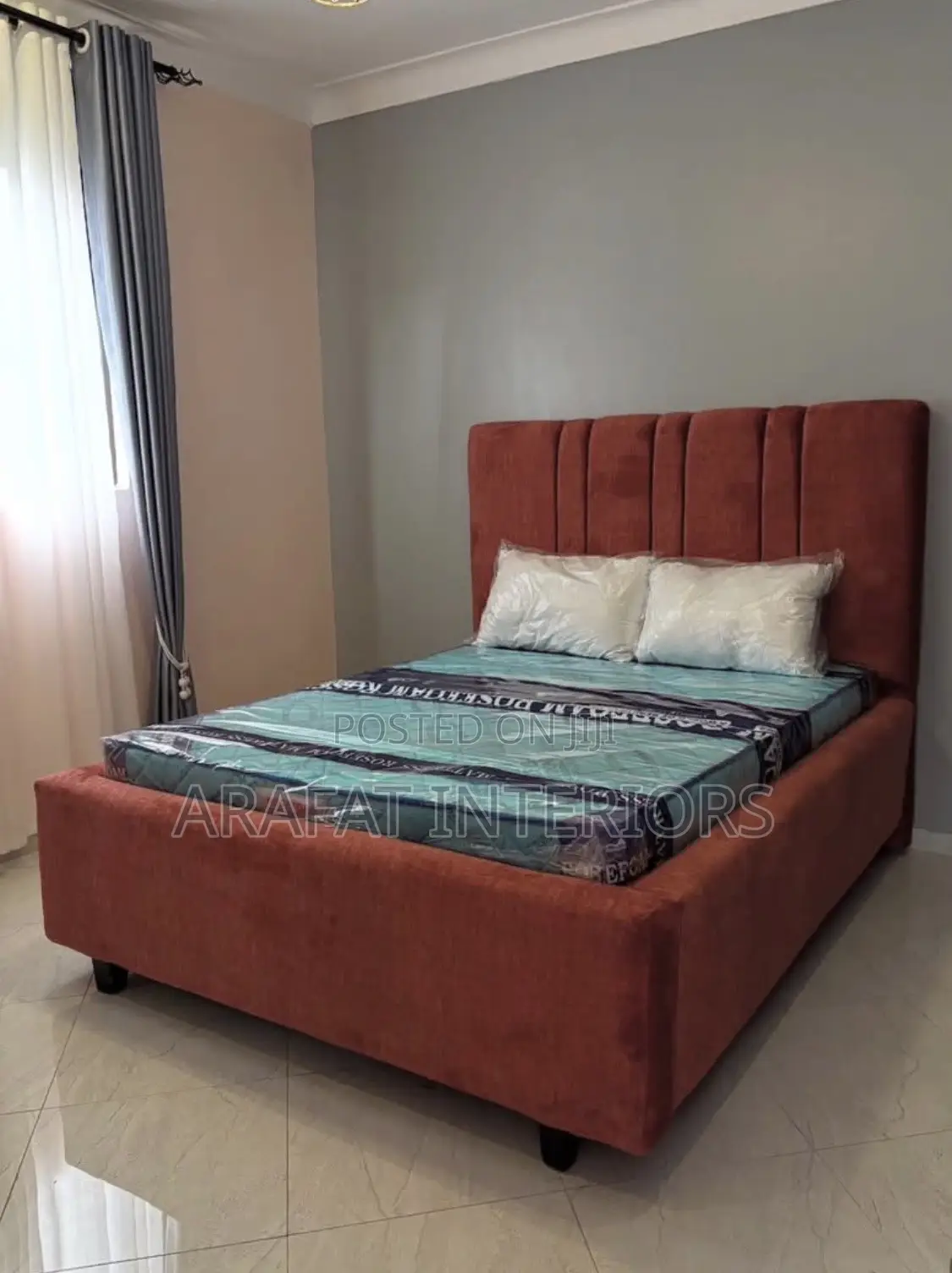 Upholstered Bed Terracotta Tall Channel-Tufted Headboard