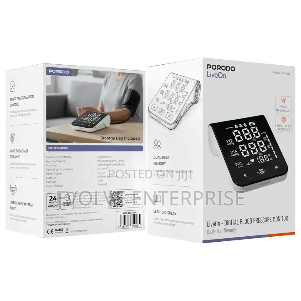 Porodo Liveon Digital Blood Pressure Monitor With a Display Screen