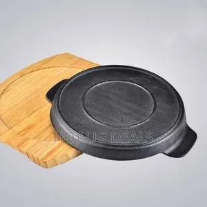 10" Round Cast Iron Grill Skillet With Handles Wooden Base