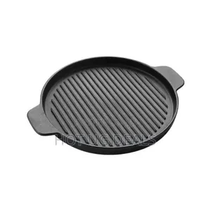 10" Round Cast Iron Grill Skillet With Handles Wooden Base