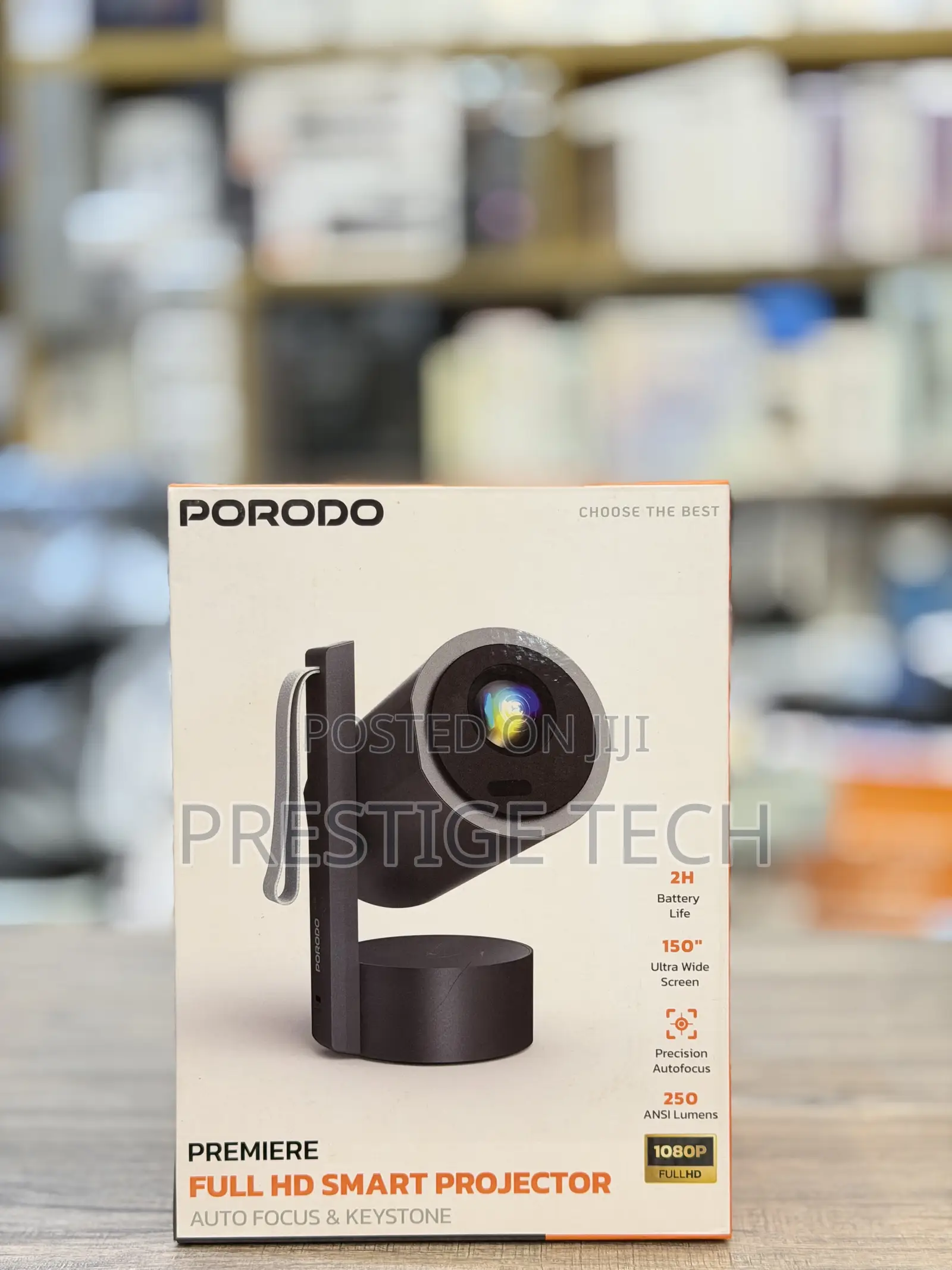 Porodo Premiere Rechargeable Android Smart Projector, 250 Ansi Lumens