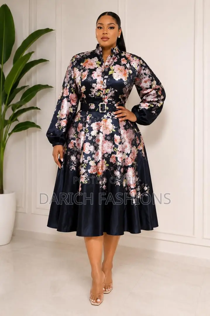 Black Floral Satin Tea-Length Dress