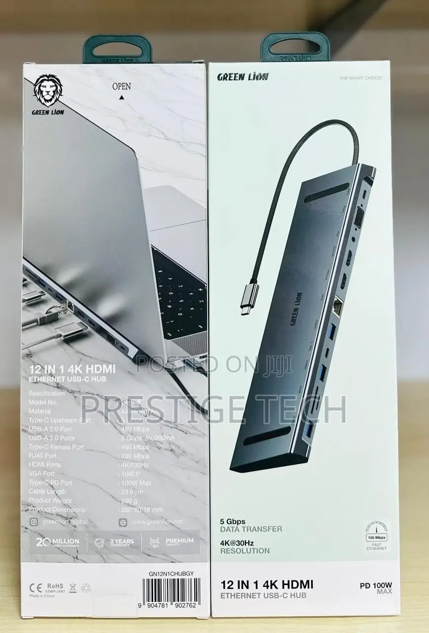 Green Lion 12in1 Hdmi Ethernet Usb C Hub, Ethernet, Vga Port, 3.5mm