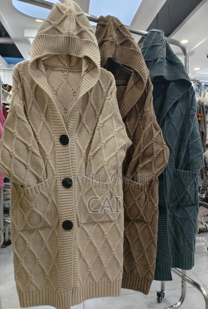 Generic Hooded, Long-Sleeve, Cable-Knit Cardigan Jacket