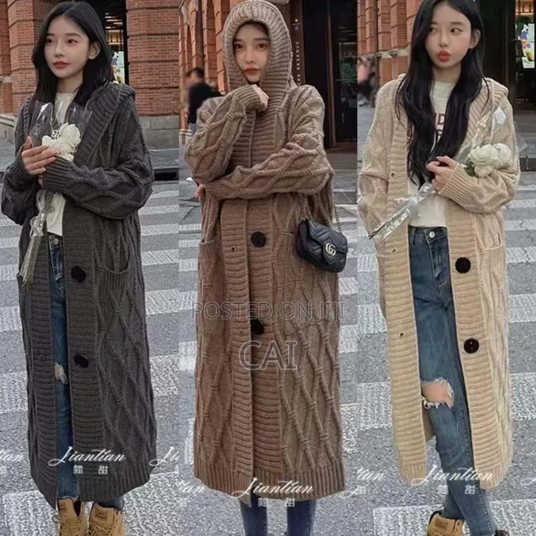 Generic Hooded, Long-Sleeve, Cable-Knit Cardigan Jacket
