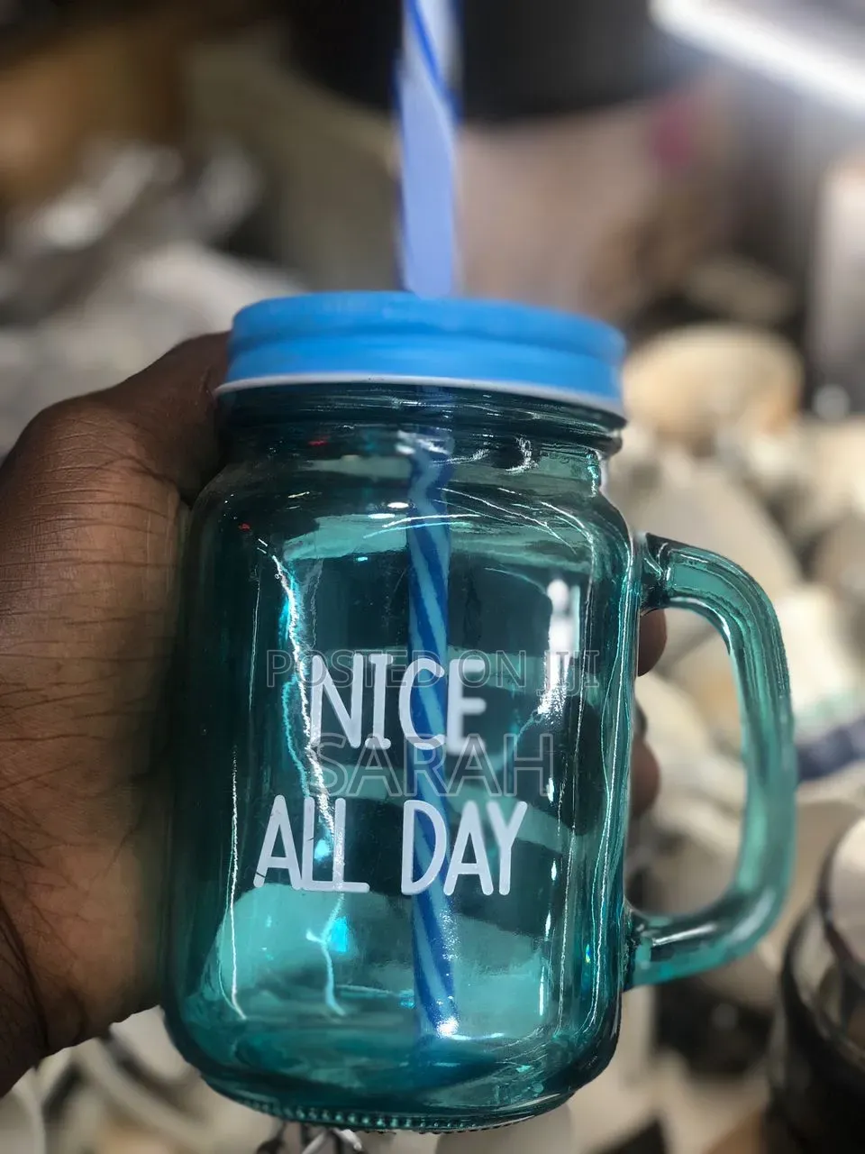 A Blue "Nice All Day" Mason Jar Mug