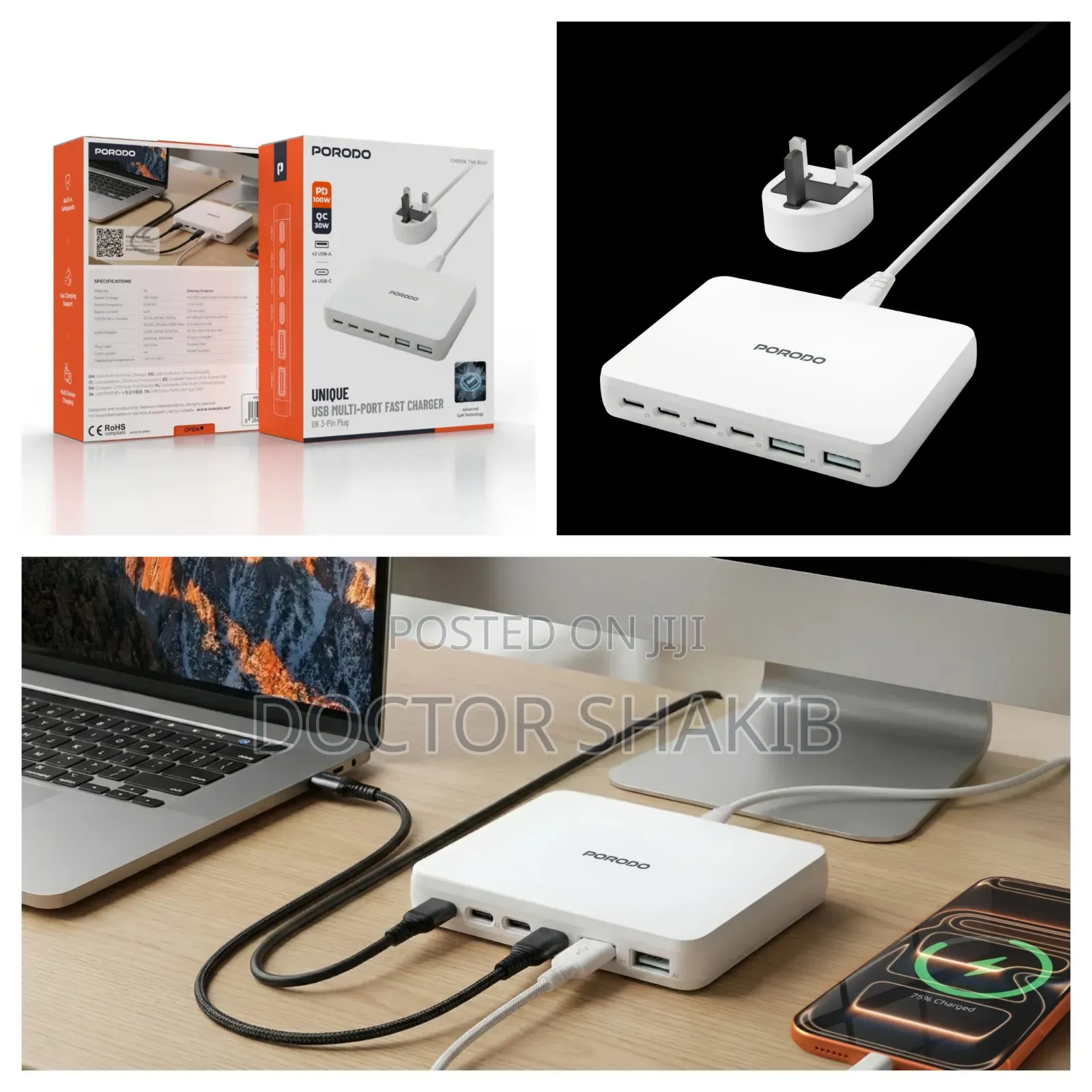 Porodo Velora 100w 4x Usb-C 2x Usb-a Gan Wall Charger