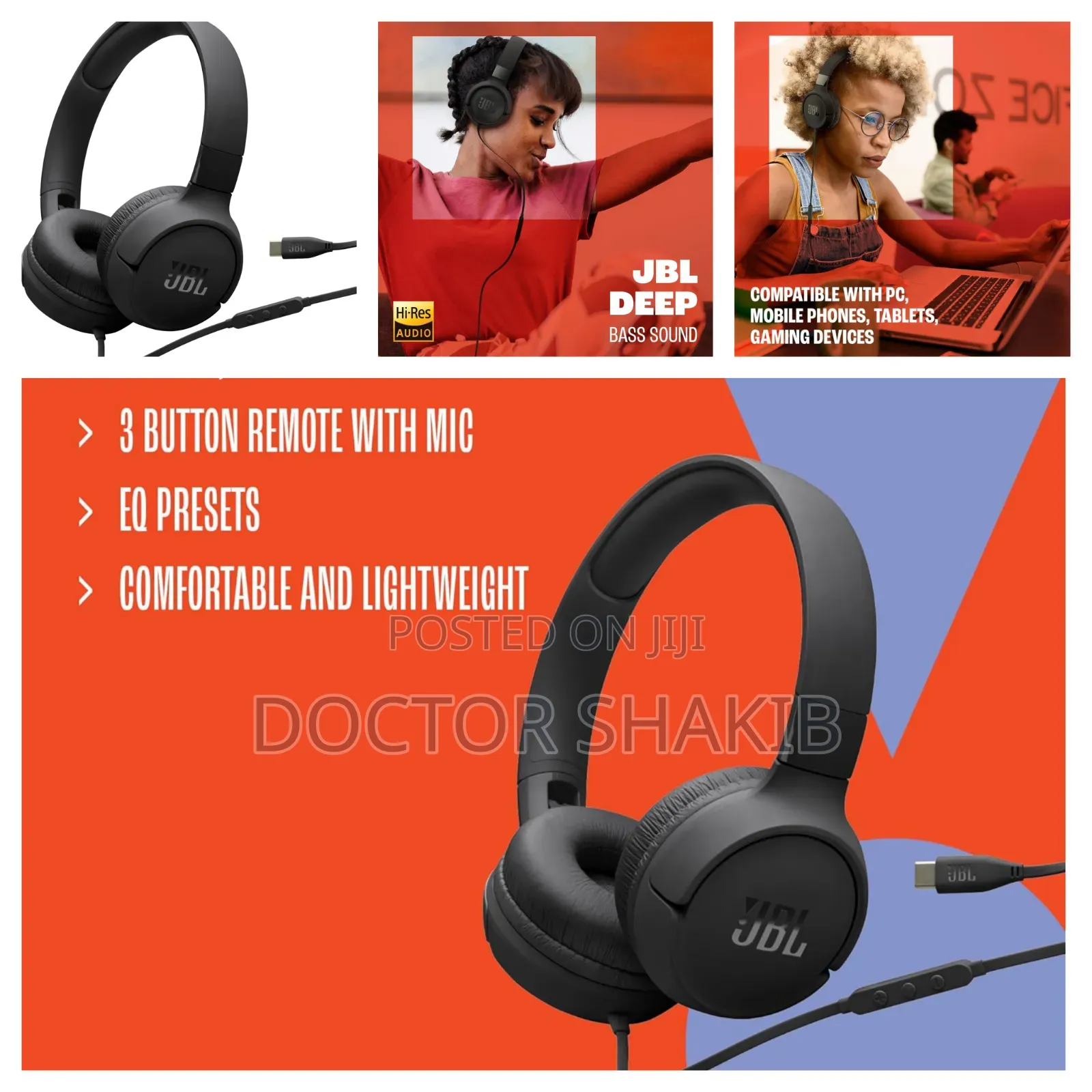 JBL Tune 520c Wired on-Ear Headphones in Black.