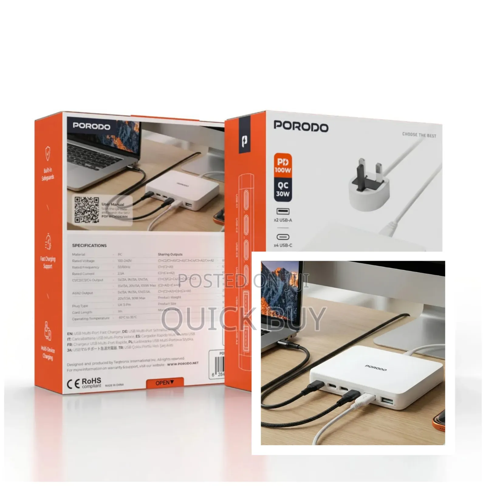 Porodo Velora 100w 4x Usb-C 2x Usb-a Gan Wall Charger 2m
