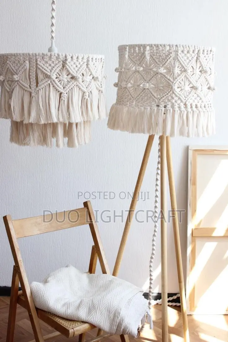 Handcrafted Wooden Tripod Stand Floor Lamp With Macrame Shade