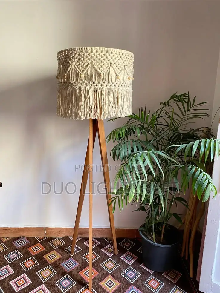 Handcrafted Wooden Tripod Stand Floor Lamp With Macrame Shade