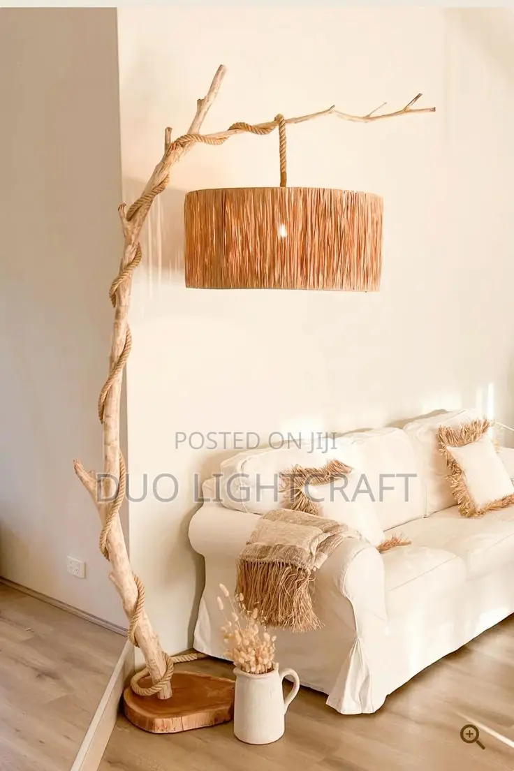 Handcrafted Tree Branch Floor Lamp With Raffia Shade