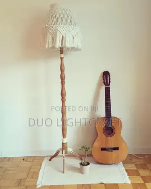 Wooden Floor Lamp With Macrame Pattern Shade